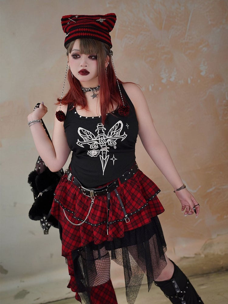 Plus Size Black Punk Studs Design Skeleton Print Tank Top