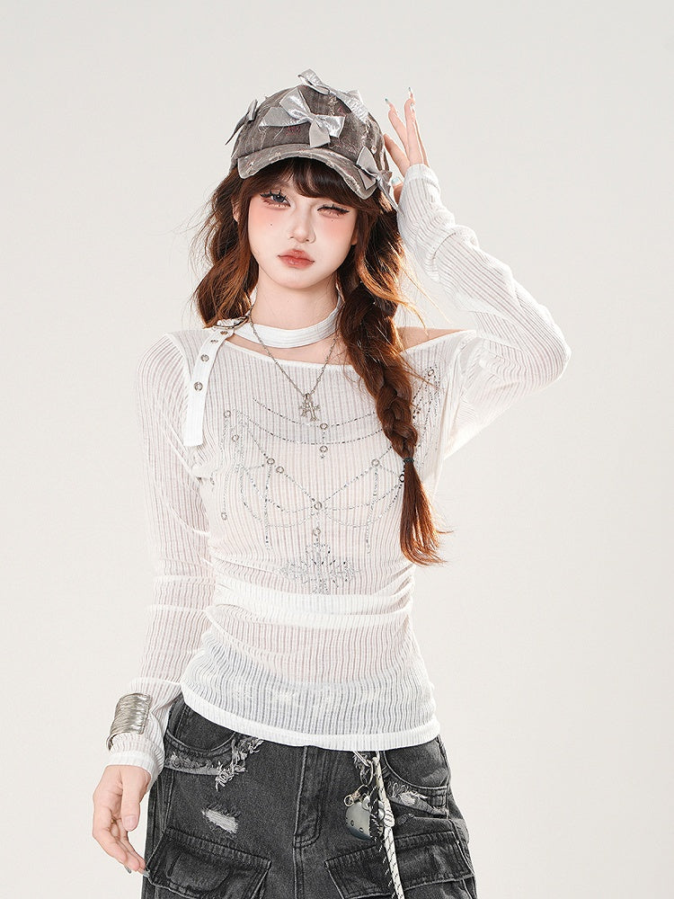 White/Black Asymmetrical Neckline Rhinestone Details Buckle Halter Neck Top