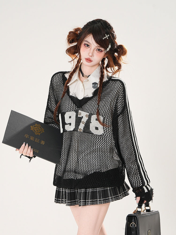 Raw Hem Number Print Black/White Hollow-out Coverup