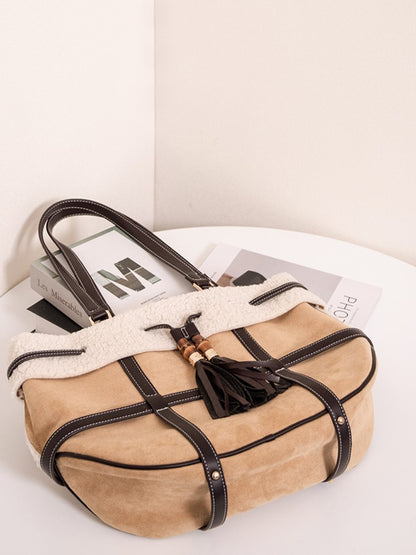 Plush Trim Brown Tote Bag With Vintage Bamboo Knot Accents - Large Capacity Shoulder Bag For Fall And Winter