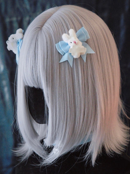 Handmade Plush Bunnies White and Blue Bowknot Hairclips