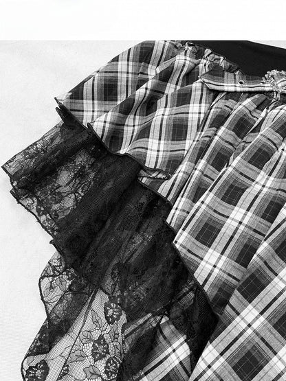 Black Bittersweet Plaid Pattern Contrast Lace Patches Asymmetrical Hem Skirt