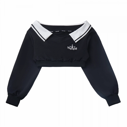 Wasteland Punk Black V-Neck Futuristic Techwear Cropped Sweatshirt