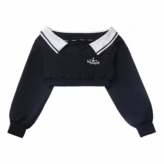 Wasteland Punk Black V-Neck Futuristic Techwear Cropped Sweatshirt