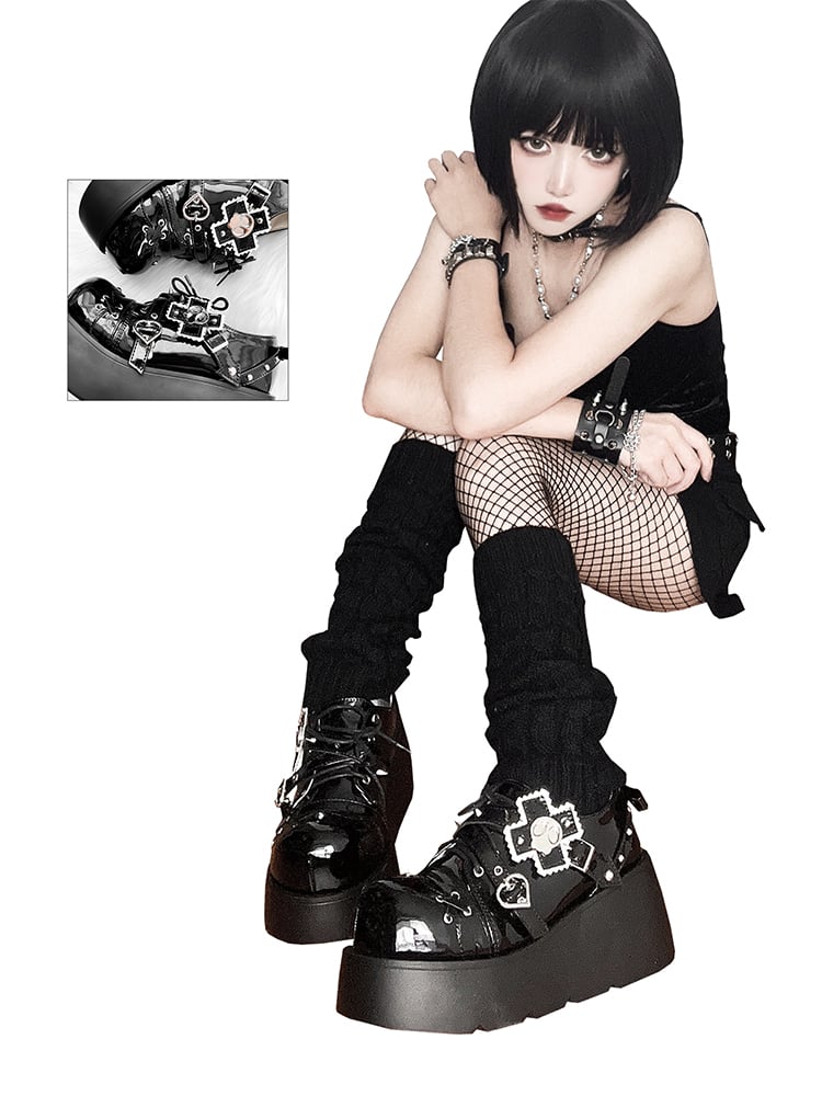 Punk Skull Polished Black Gothic Platforms Silver-tone Spike Studs
