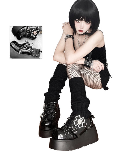 Punk Skull Polished Black Gothic Platforms Silver-tone Spike Studs