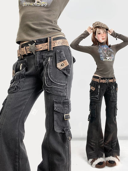 Millard Fashion Vintage Black Wasteland Punk Distressed Design Flared Jeans with Cargo Pockets