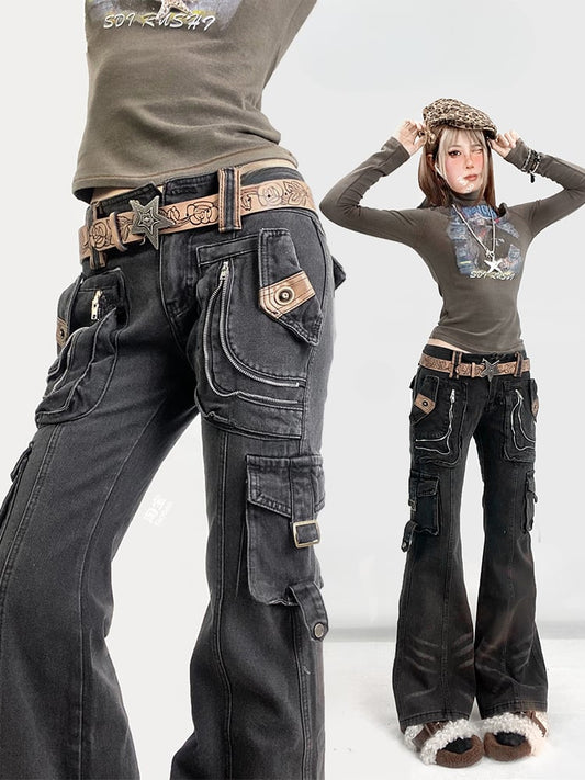 Millard Fashion Vintage Black Wasteland Punk Distressed Design Flared Jeans with Cargo Pockets