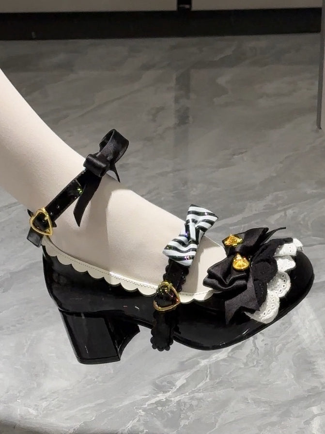 Black Spoon Decorated Bowknot Details Sweet Lolita High Block Heels
