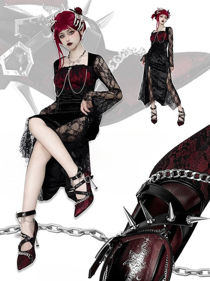 Spike Studs Coffin-shaped Buckles Red Lace Gothic Punk Stiletto Heels with Chains
