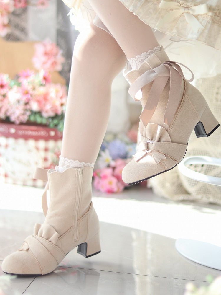 Beige Knotted Bow Accent Zip Closure at Sides Ankle Boots