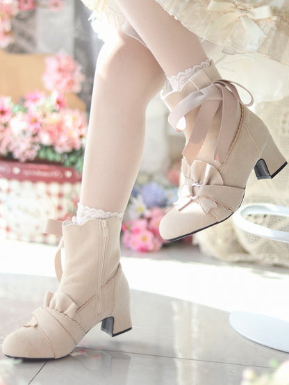 Beige Knotted Bow Accent Zip Closure at Sides Ankle Boots