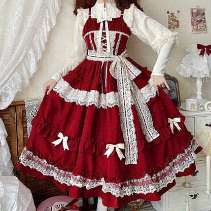 Red Adjustable Straps Pink House Style Dress Ruffle Skirt Lolita Jumper Skirt