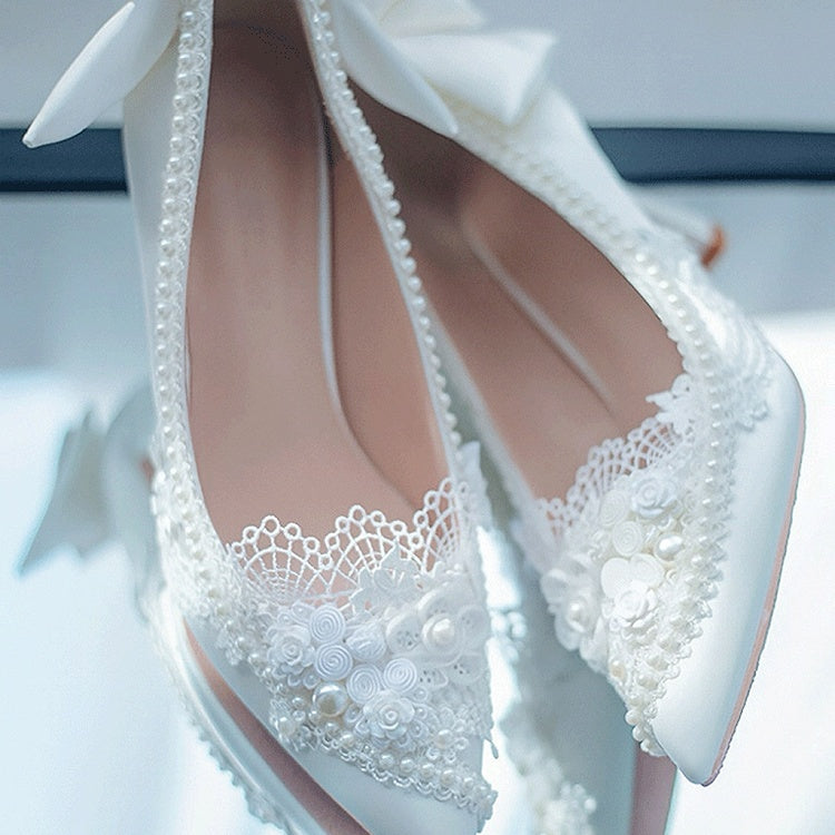 White Floral Design Bow Accent Beaded 5CM/7CM/9CM Hime Lolita Heels
