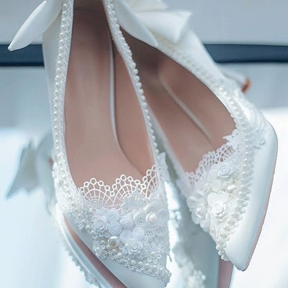 White Floral Design Bow Accent Beaded 5CM/7CM/9CM Hime Lolita Heels