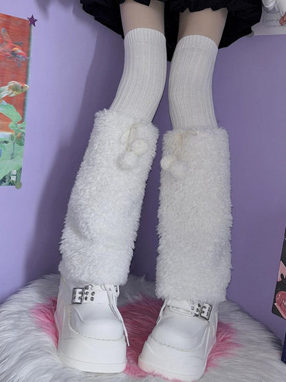 4 Color Options Y2K Pompons Knitted Plush Leg Warmers