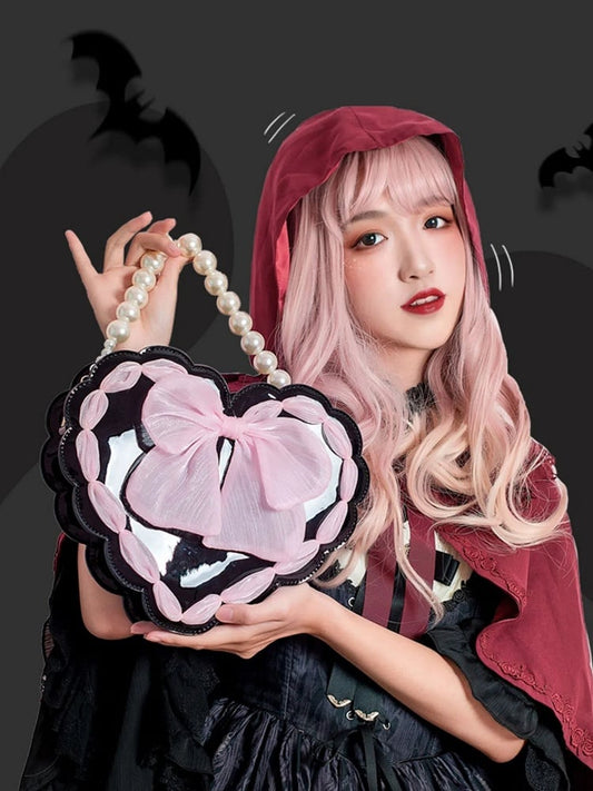 Lolita Heart-Shaped Pearl Handle Bag with Bow Detail & Adjustable Strap Two Colors Available