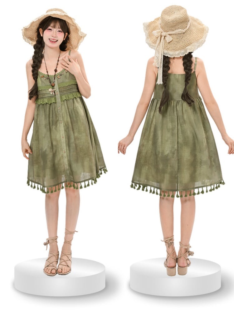 Green Tassel Hem Buttons Embellished Neckline Mori Kei Cami Dress