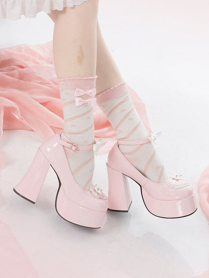 Bow Accents Heart Design Pink and White Platform Block High Heels