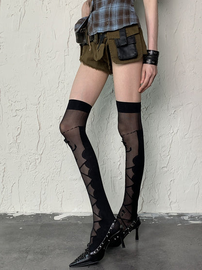 Black Y2K Rudder and Anchor Print Semi-shee Over Knee Stockings