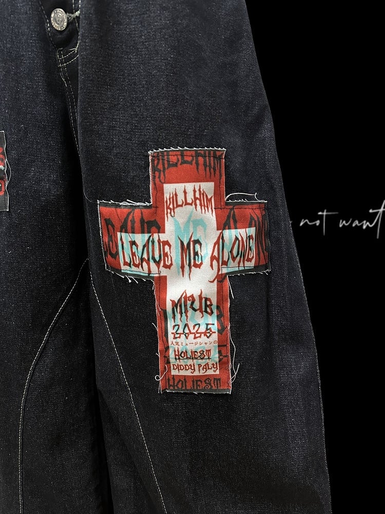 Cross Applique Dark Blue Buttons Fly Front Wide-leg Jeans