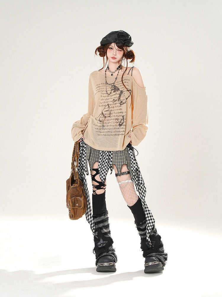 Butterfly Print Asymmetrical Neckline Khaki/White Semi-sheer Coverup