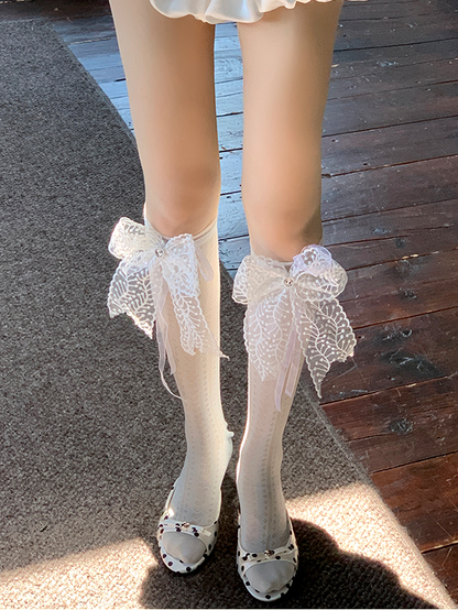 White/Pink/Yellow/Blue Lace Bowknot With Rhinestone Charm Socks