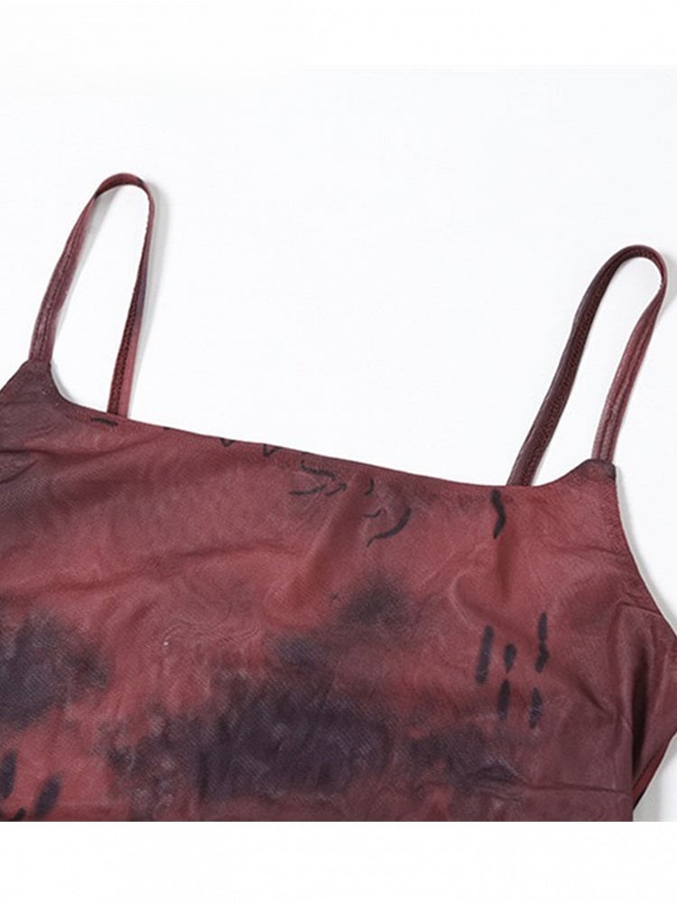 Wine Red Tie Dye Design Cascading Ruffle Accents Asymmetrical Hem Cami Top