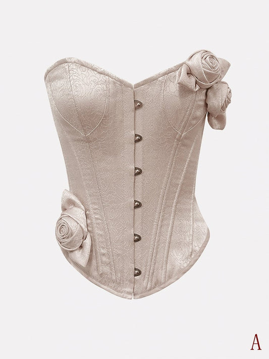 Nude Pink Vintage Bustier Flowers Decoration Satin Boned Corset Top