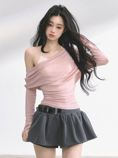 Pink Asymmetrical Neckline Faux Two-pieces Top