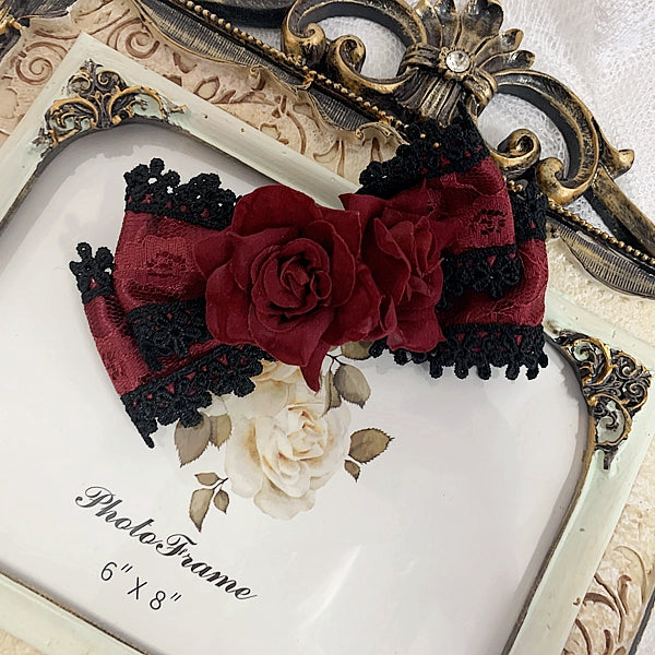 Black/Wine Red Floral Design Gothic Elegant Bowknot Hairclip/Tie