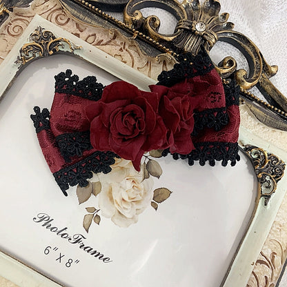 Black/Wine Red Floral Design Gothic Elegant Bowknot Hairclip/Tie