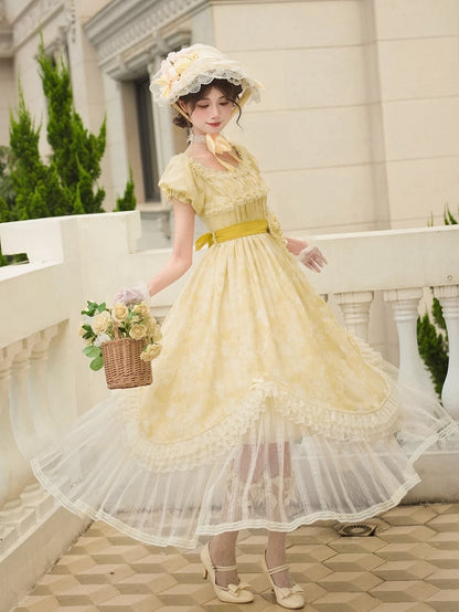 Butterfly and Bows Print Light Yellow Versatile Neckline High Waist Lolita Dress