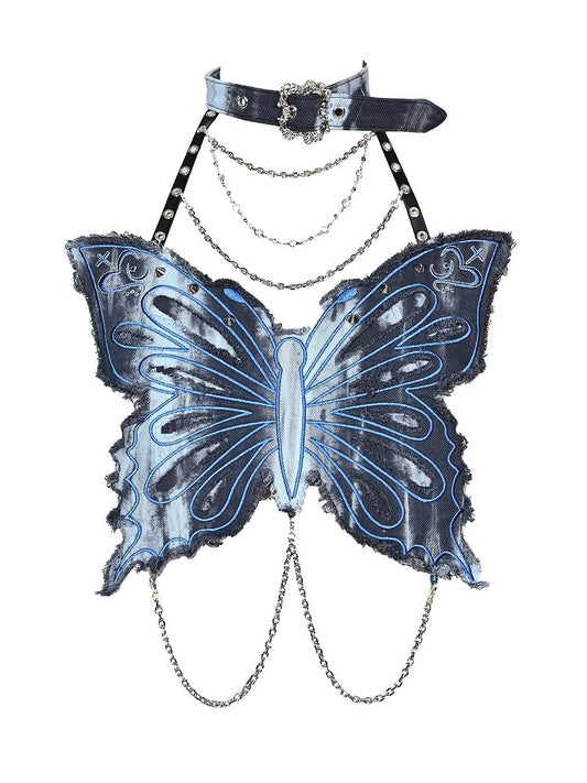 Grunge Punk Rock Fairycore Blue Tie Dye Butterfly Halter Neck Top Studs Design