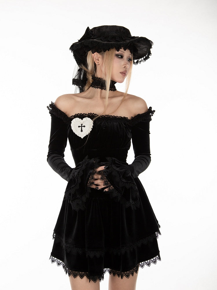 Gothic Black Velvet Off-the-shoulder Neckline Bell Sleeves Dress