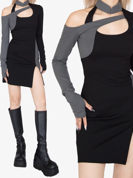Cyberpunk Black & Grey Banded Collar Cutout Detail Side Slit Glamorous Dress