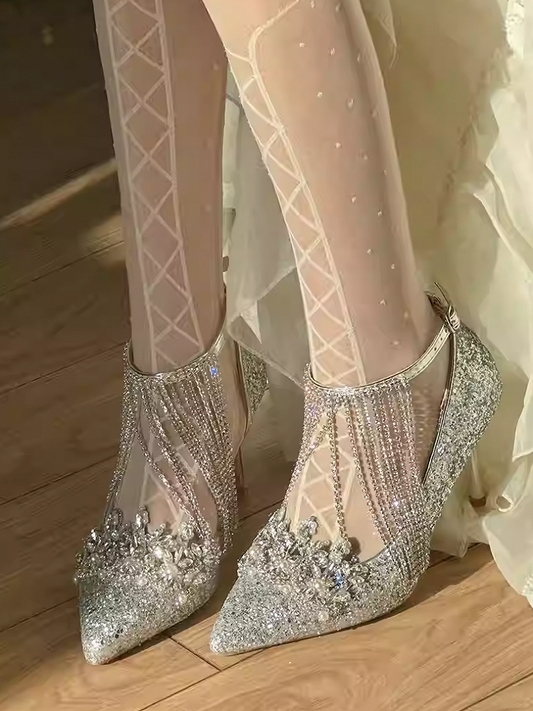 Silver Pointed Toe Rhinestone Sequin High Heels with Tassel
