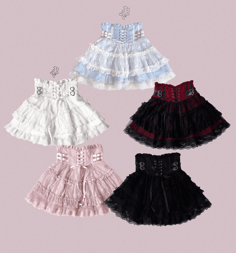Jirai Kei High Waist Tiered Lace Skirt | Heart Buckles & Lace-Up Detail | 5 Colors