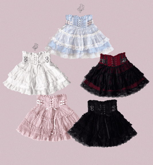 Jirai Kei High Waist Tiered Lace Skirt | Heart Buckles & Lace-Up Detail | 5 Colors