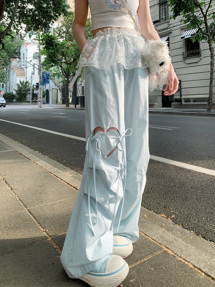Blue/Pink Drawstring Waist Heart-shaped Cutout Wide-leg Pants