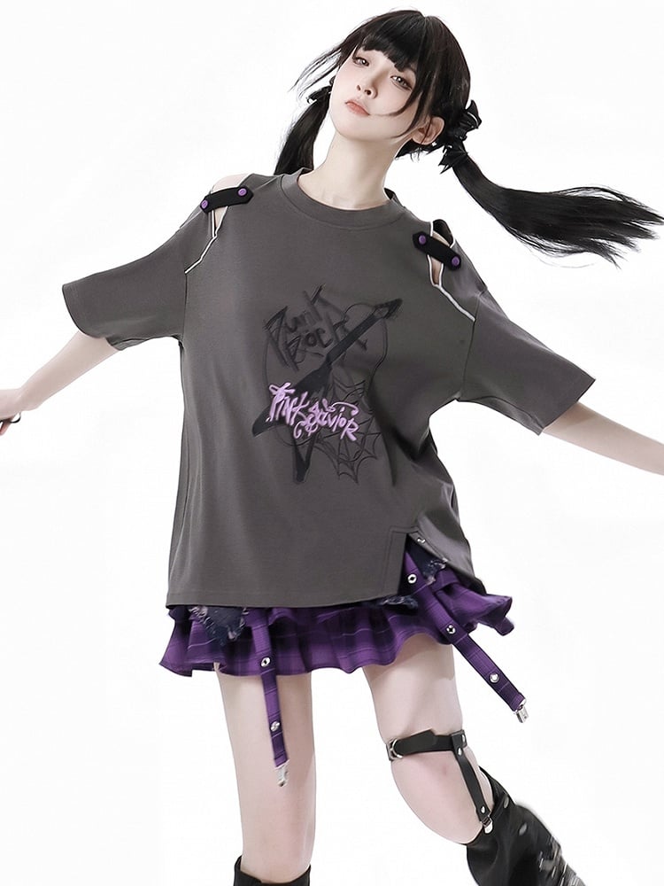Dusty Gray Cutout Shoulder Slit Hem Punk Rock Graphic T-Shirt
