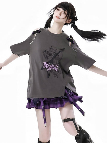 Dusty Gray Cutout Shoulder Slit Hem Punk Rock Graphic T-Shirt