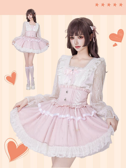 Allover Beads Pink High Waist Jirai Kei Skirt with Lace Up and Shirring Waist