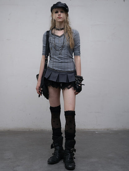 Pink/Blue Wasteland Punk V-neck Rhinestone Necklace Design Striped Pattern Long Sleeves Top