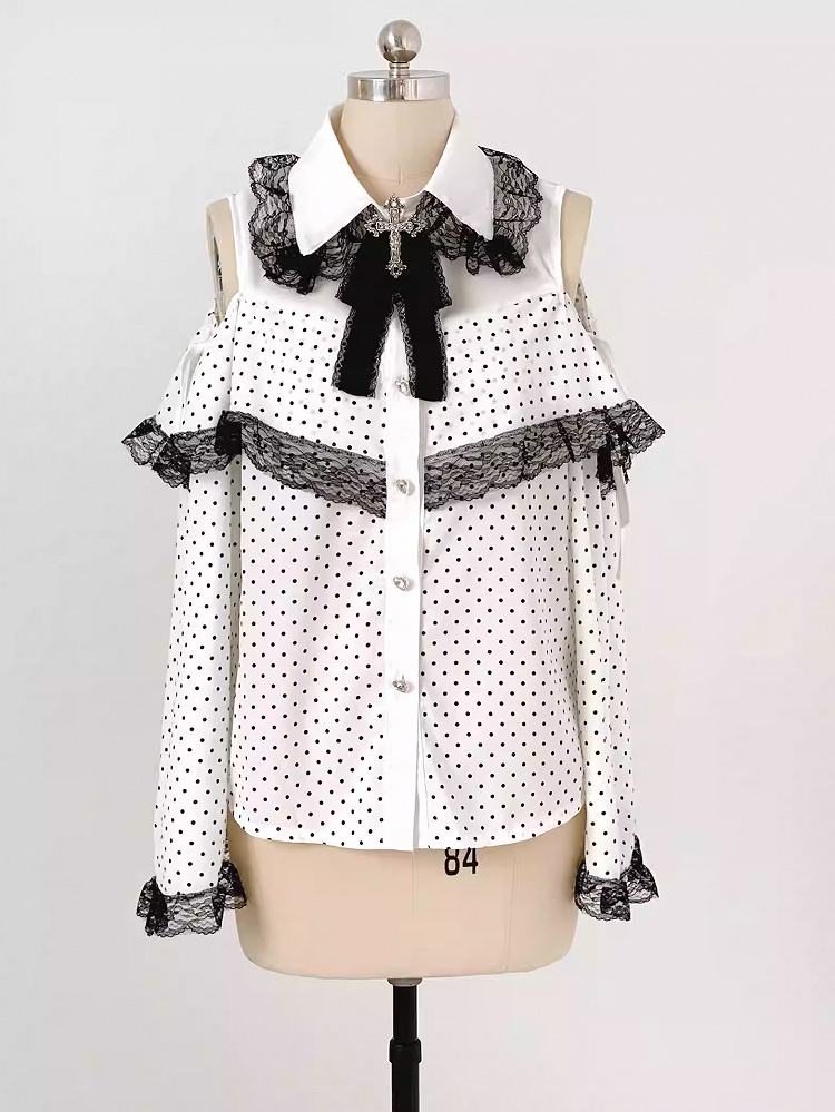 Jirai Kei White / Pink Polka-dot Blouse | Bell Sleeves, Cut-Out Shoulder with Drawstring & Heart Buttons
