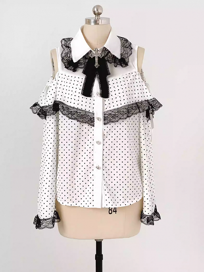 Jirai Kei White / Pink Polka-dot Blouse | Bell Sleeves, Cut-Out Shoulder with Drawstring & Heart Buttons