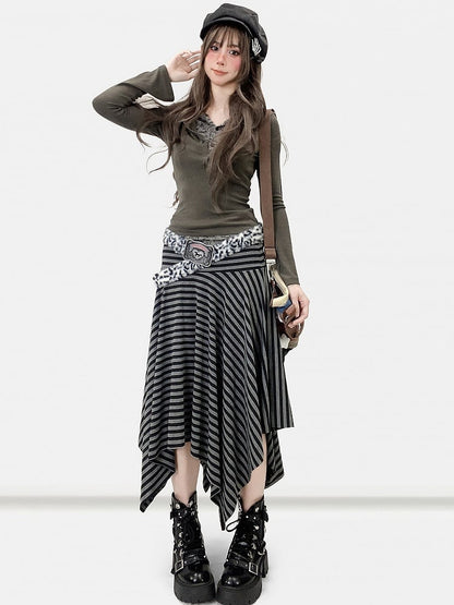 Black Y2K Striped Pattern Handkerchief Hem