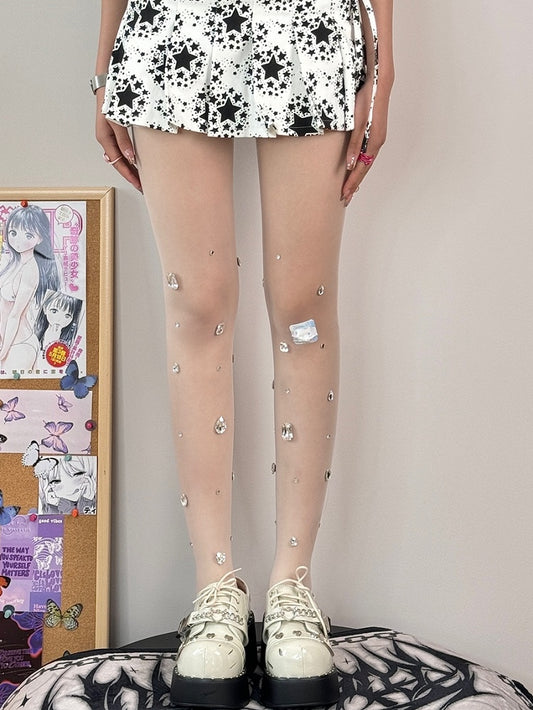 Nude/White Y2K Rhinestone Decorated Tights