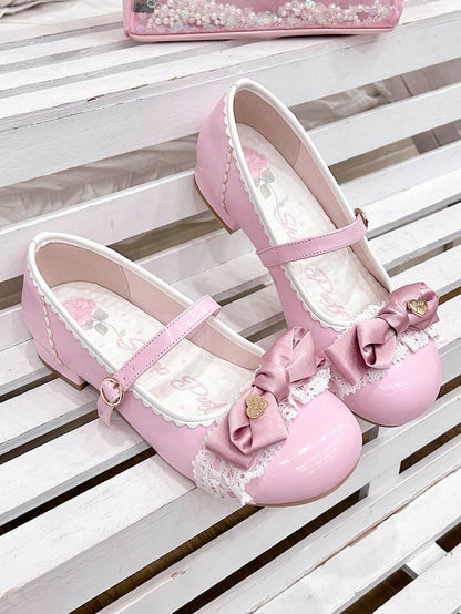 Elegant Lolita Light Pink Mary Janes - Heart-Embellished Bow with Lace Trim & Scalloped Edge