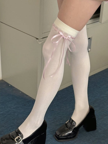 Milk White Bowknot Overknee Stockings With White/Pink/Black Ribbons